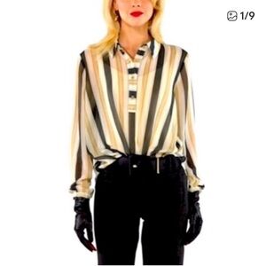 CAbi Black, Navy, & Gold Striped Blouse w/ Collar & Front Crossover Hem - Large